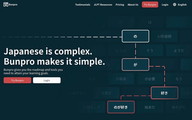 Bunpro Japanese grammar SRS platform homepage - ai tools learning japanese japan