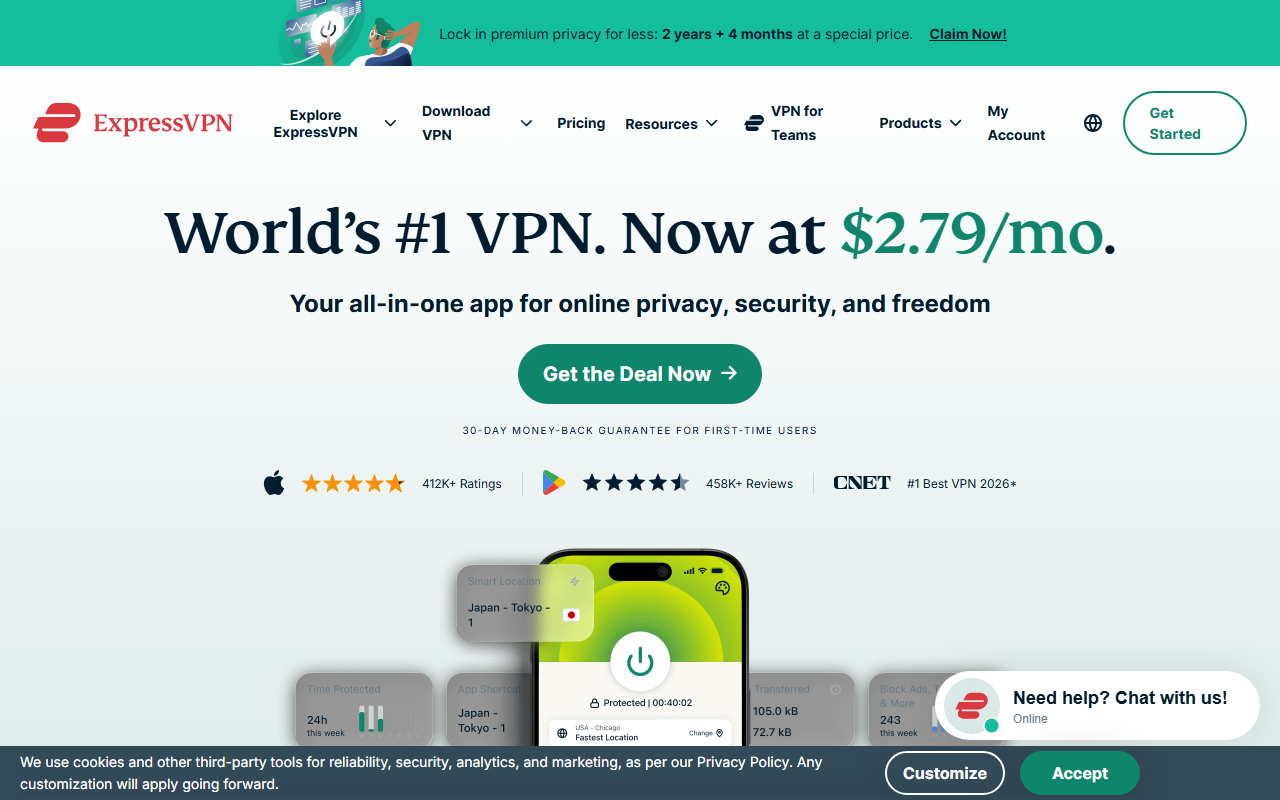 ExpressVPN homepage with get ExpressVPN button - expressvpn japan review