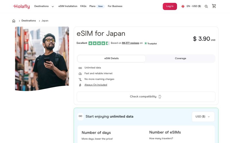 Holafly unlimited Japan eSIM plans page - best esim japan