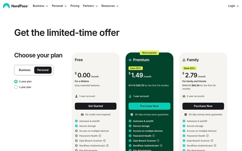 NordPass pricing plans page - nordpass review japan