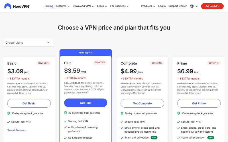 NordVPN pricing plans page