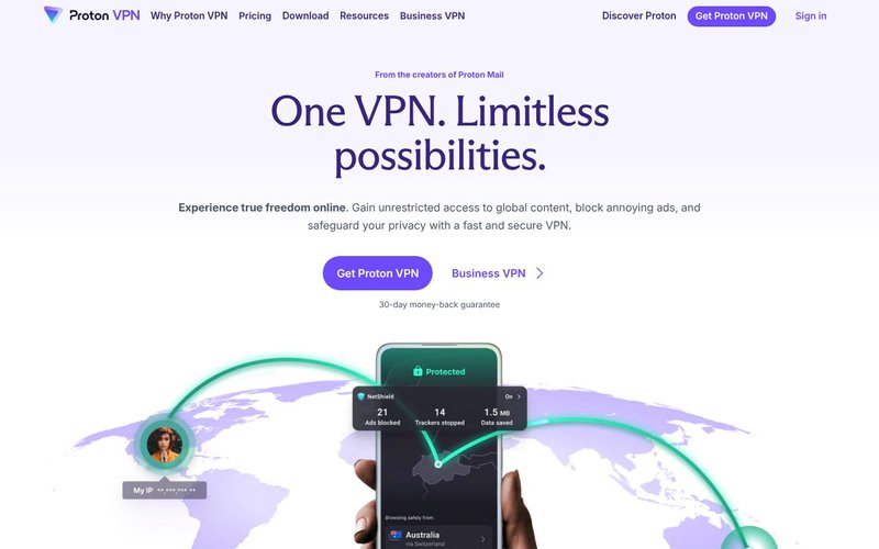 ProtonVPN homepage highlighting Swiss privacy jurisdiction