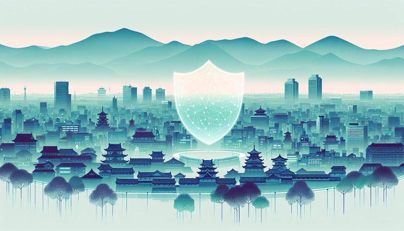 Kansai region cityscape with VPN security shield illustration - best vpn japan
