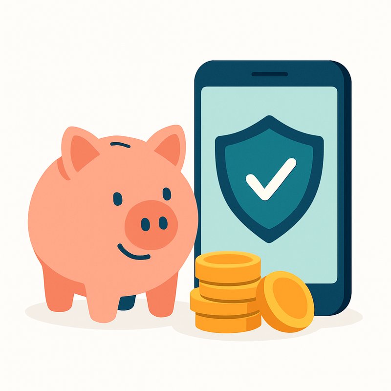Illustration representing a budget VPN — piggy bank, coins and a phone with a shield