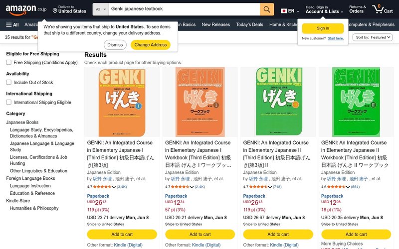 Genki Japanese Textbook search results page Amazon Japan - genki vs tobira vs minna no nihongo japan