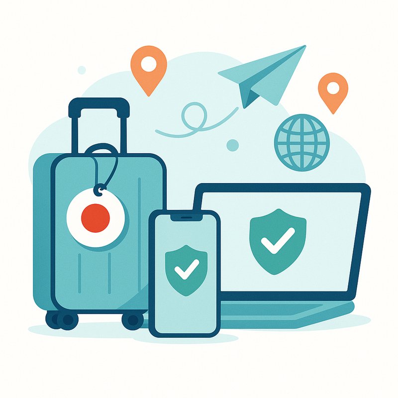 Illustration of staying connected to Japan from abroad — suitcase, phone and laptop with shield checkmarks