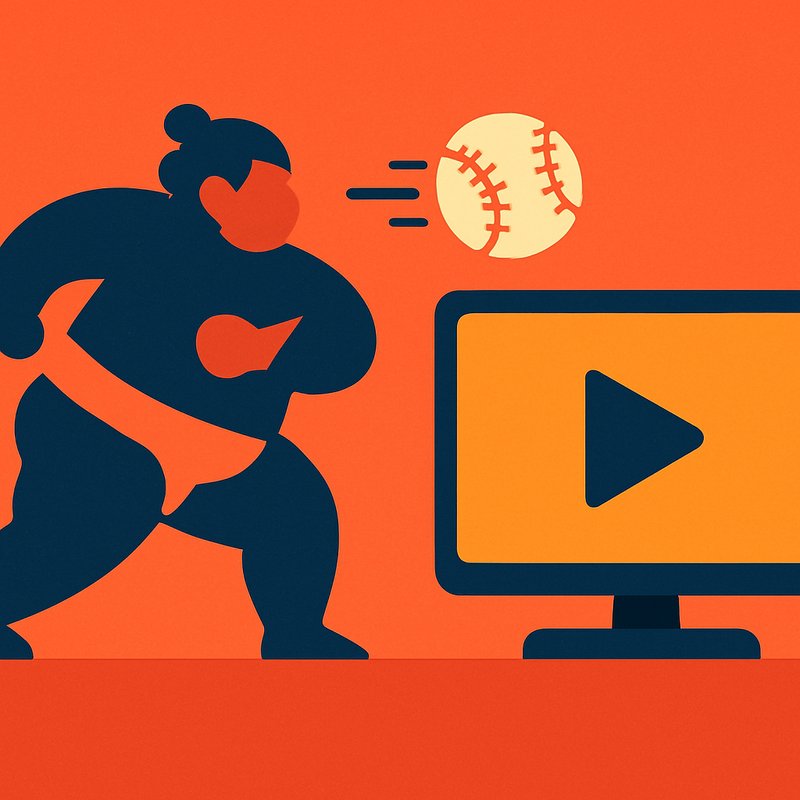 Illustration representing watching Japanese sports — sumo wrestler, baseball and a TV screen