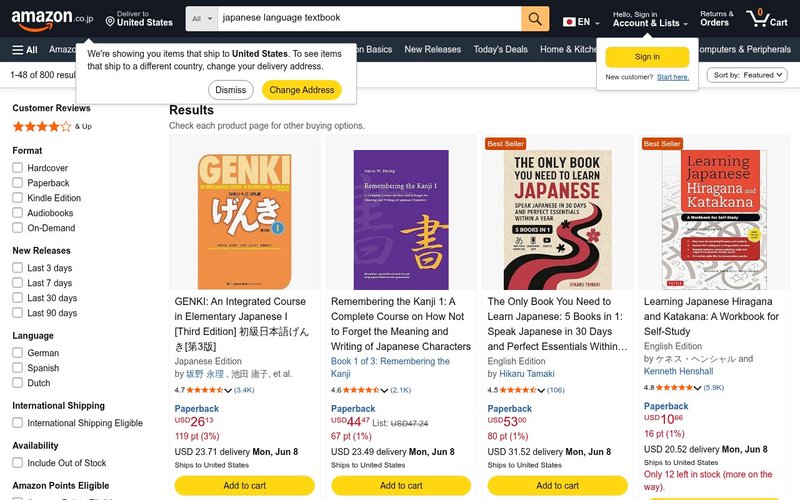 Japanese Textbooks comparison search results Amazon Japan - genki vs tobira vs minna no nihongo japan