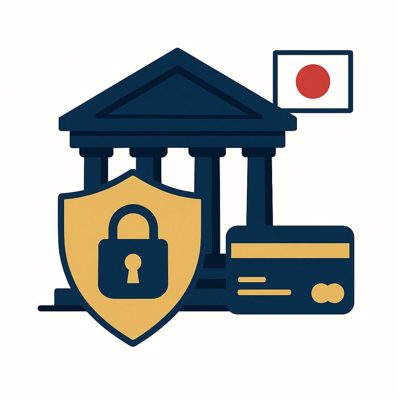 Illustration of safe Japanese banking with NordVPN — bank, shield and Japan flag