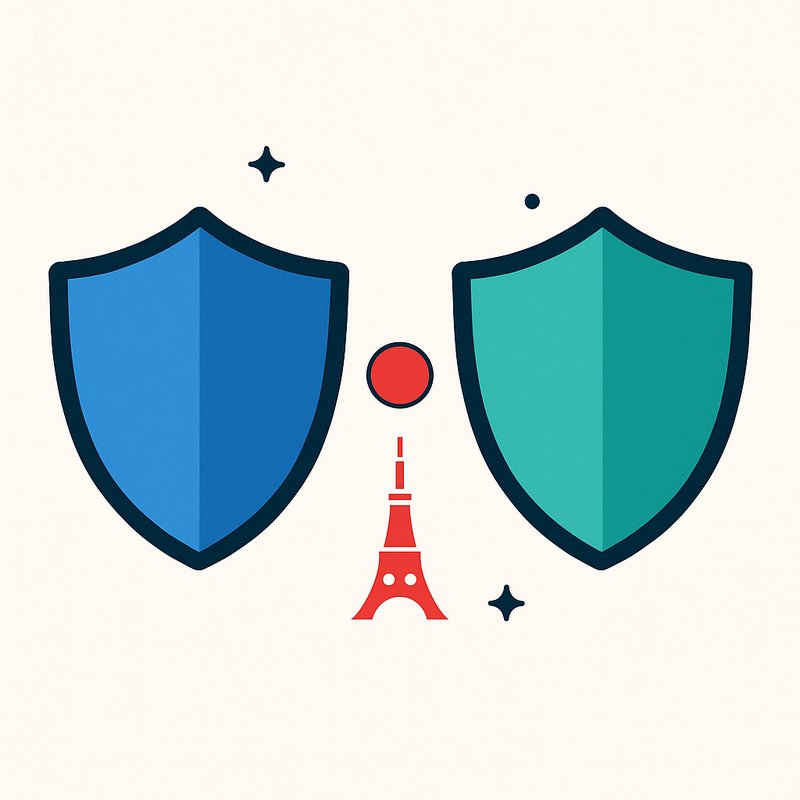 Illustration of NordVPN versus Surfshark — two security shields with a Japan motif