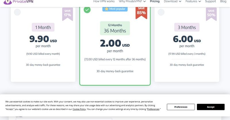 Screenshot of PrivateVPN's pricing page showing 9.90, 2.00 and 6.00 USD per month plans