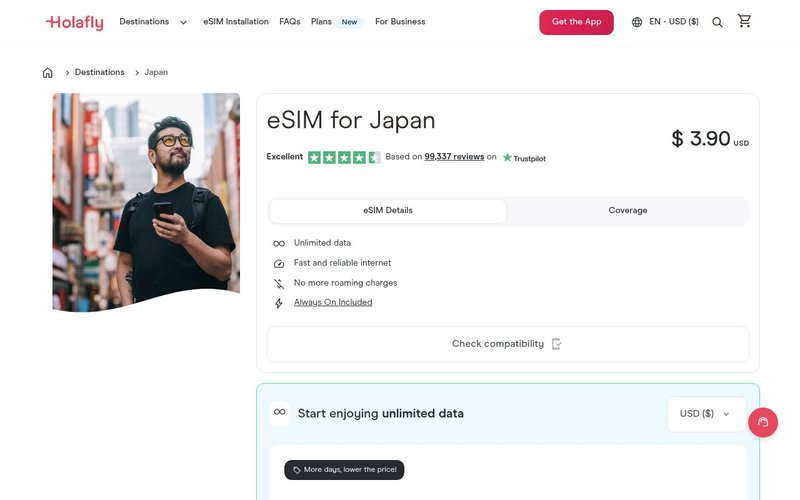 Holafly Unlimited Japan eSIM homepage - how to set up esim in japan