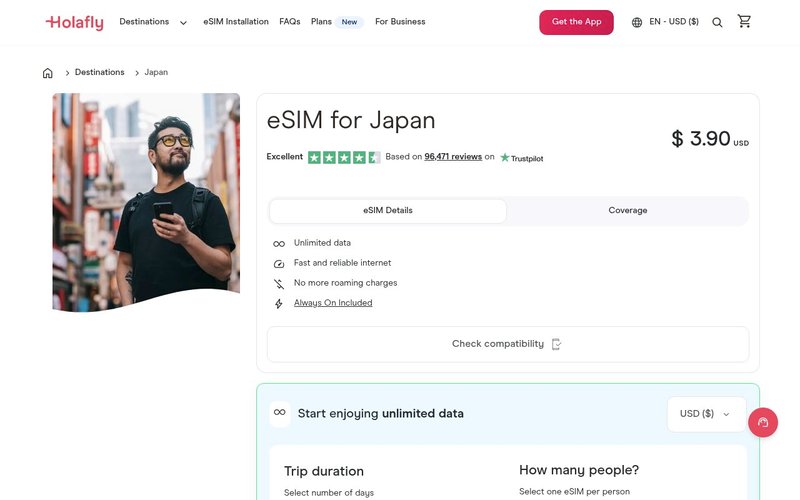Holafly Japan unlimited pricing page - airalo vs saily vs holafly japan