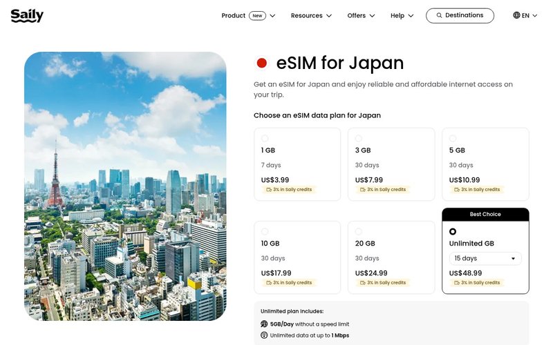 Saily Japan eSIM plans page - airalo vs saily vs holafly japan
